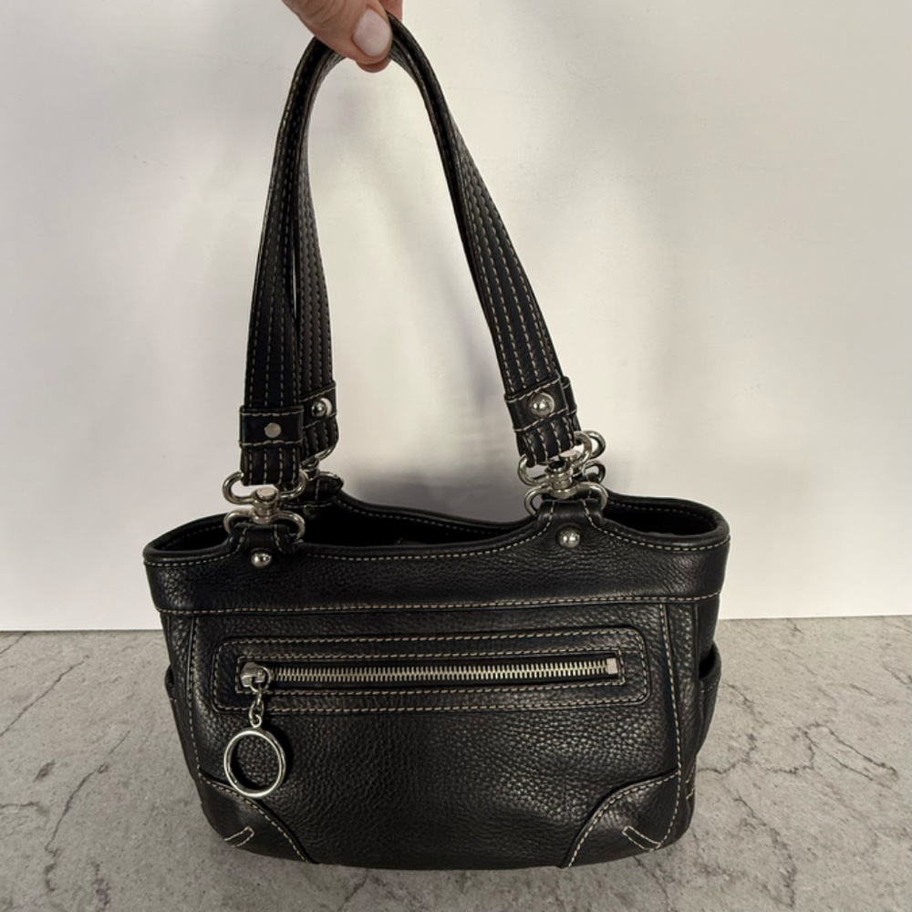 Vtg Maxximum Black Pebbled Leather Handbag Satchel Y2K Silver Hardware Zippers